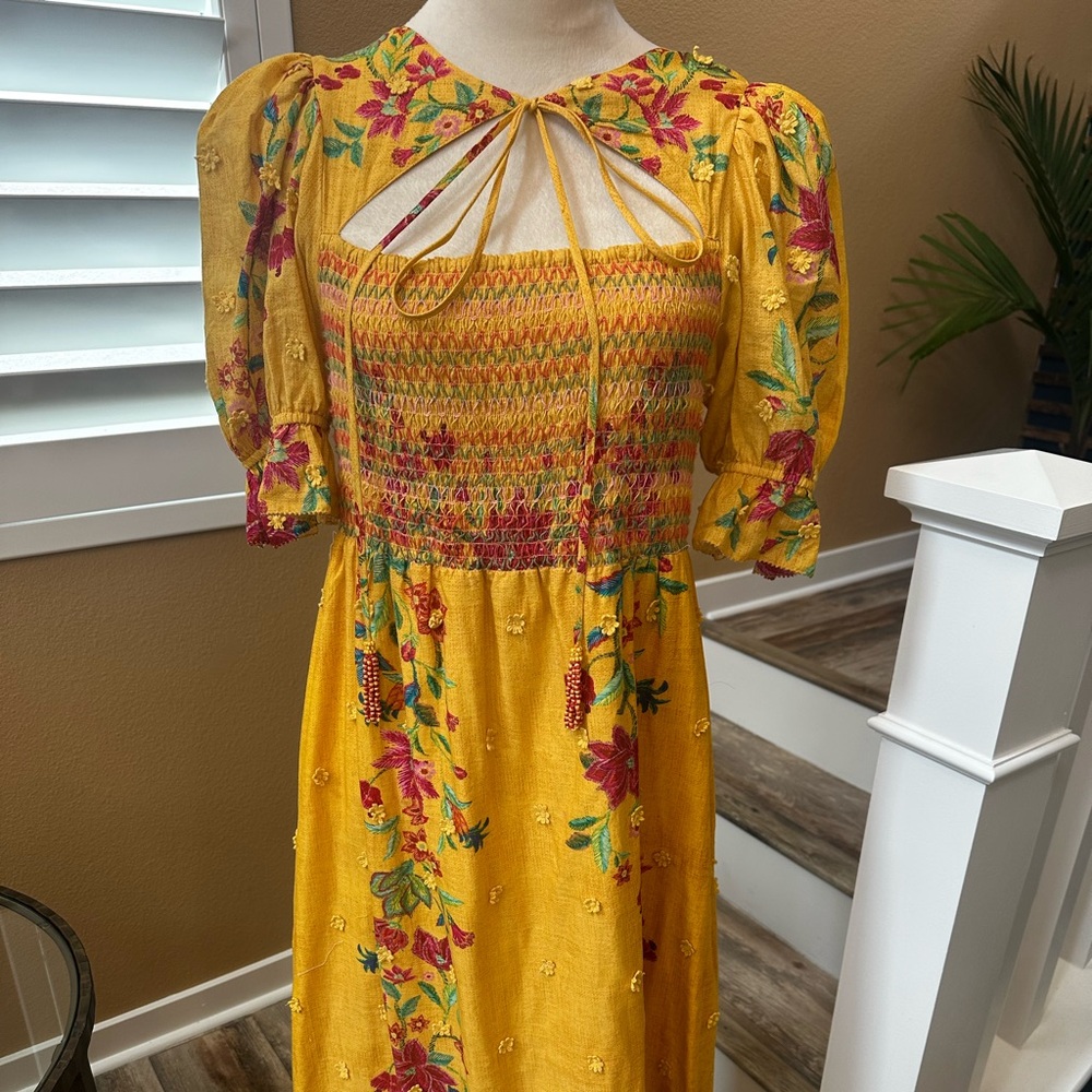 FARM Rio Yellow Smocked Sundress with Puff Sleeves